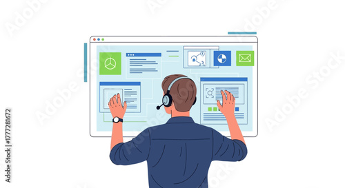 Illustration of a man working with a large interactive digital interface panel
