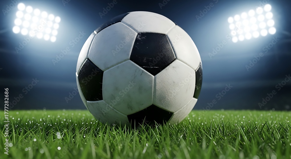 Obraz premium Soccer ball on green grass under stadium floodlights, focus on texture and detail, concept of competition and championship