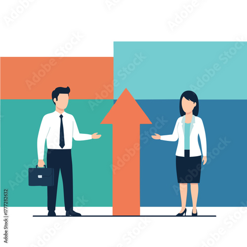 Two business professionals facing each other with an upward arrow between.