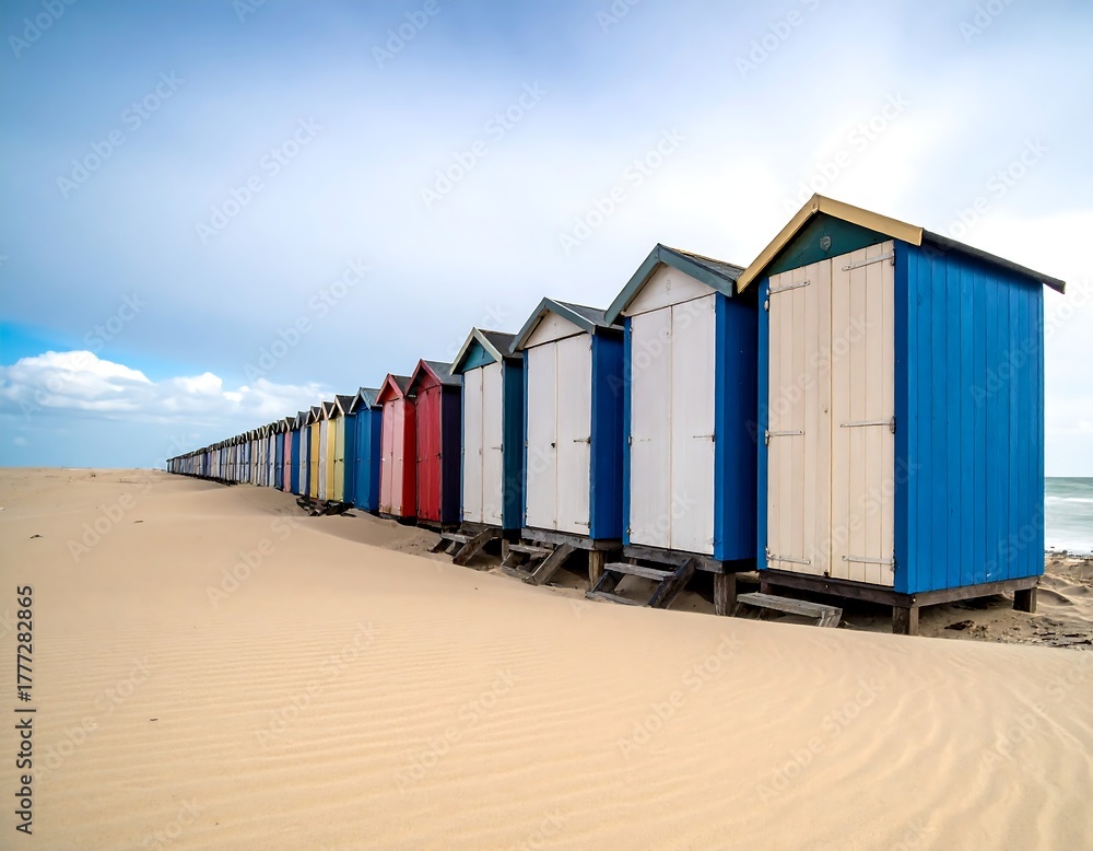 Fototapeta premium Colorful beach huts stretch across sandy dunes, under a cloudy sky