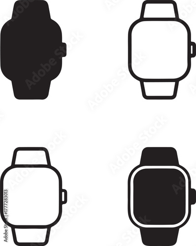 Smartwatch icon set, wearable device watch symbols, editable black vector, solid black line outline filled minimal thin stroke, technology smartwatch icons for digital and fitness buyers