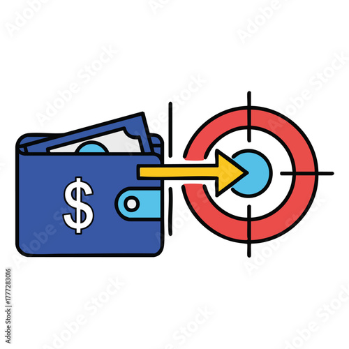 Wallet with money and arrow aiming at a target.