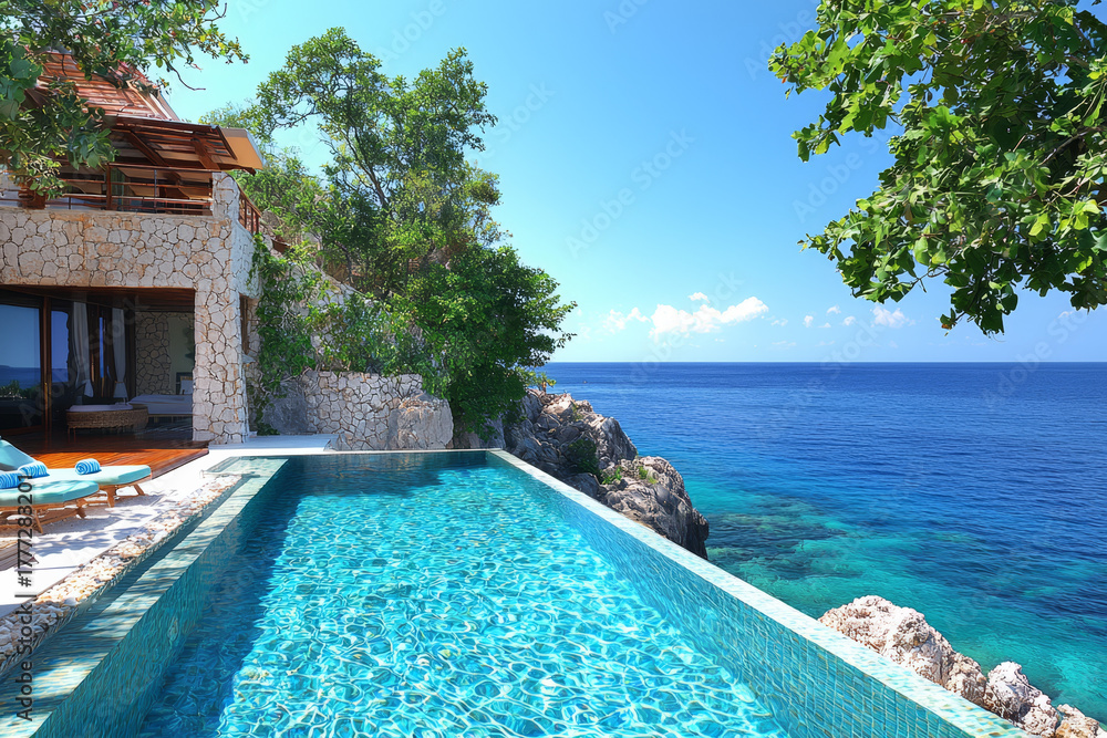 Fototapeta premium Infinity pool on a cliff overlooking a vibrant blue ocean with a stone villa nestled in lush greenery.