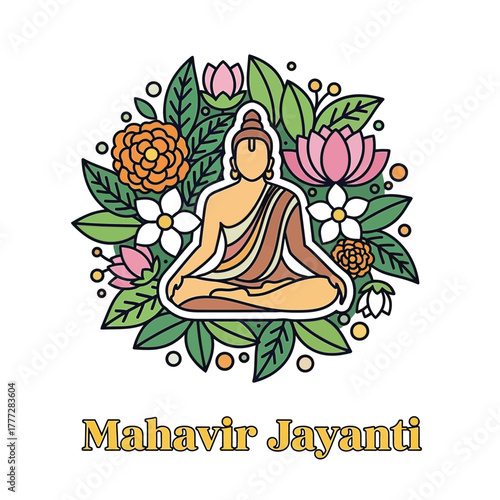 Flat illustration of Mahavir Jayanti with Flowers Accent Graphic