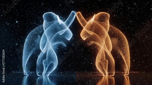 Two Abstract Digital Bull Figures Glowing Blue and Orange Facing Each Other with Particles and Reflections on Dark Background
