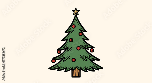 Simple Hand Drawn Christmas Tree with Red Ornaments and Star Topper on Beige Background