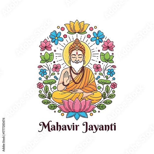 Flat illustration of Mahavir Jayanti with Flowers Accent Graphic