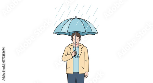 Melancholic solitude: An illustration of a person weathering a rainy day with an umbrella in hand