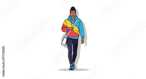 Stylized illustration of a young person walking with a messenger bag and colorful hoodie