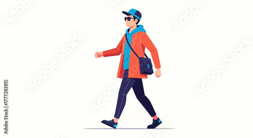 Stylish young man strolling confidently with a shoulder bag in vivid color scheme illustration