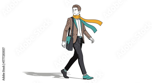 Stylish Man with Scarf Illustration Capturing Movement and Modern Flair