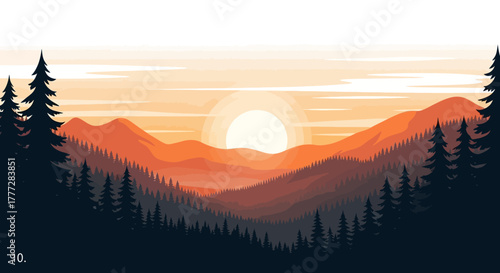 Panoramic mountain vista at sunset with dense forest landscape art illustration