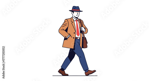 Stylish cartoon man in a coat and hat walking with a bag in hand with confidence