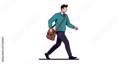 Illustration of a stylish man confidently striding with his satchel bag at daylight
