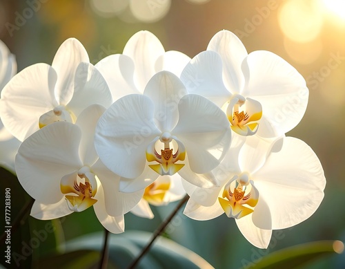 Delicate white orchid blooms in sunlit bokeh, soft focus