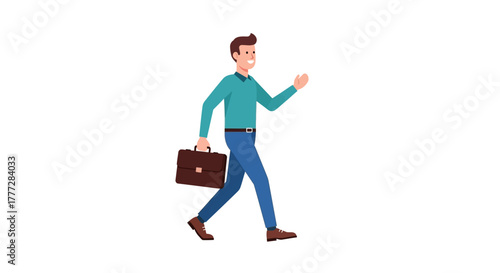 Illustration of a confident businessman walking with a briefcase towards success and career