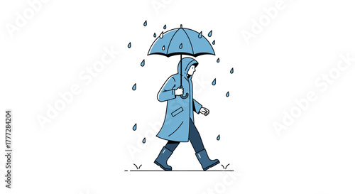 Isolated illustration of a person walking in the rain under an umbrella with minimalist style and