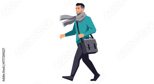 An illustration of a man confidently walking wearing a scarf and carrying a satchel bag