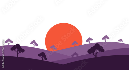 Whimsical sunset landscape with rolling hills and stylized trees in shades of purple and orange