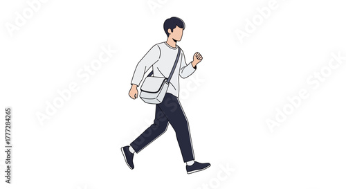 Stylized vector illustration of a young man striding confidently forward with a messenger bag