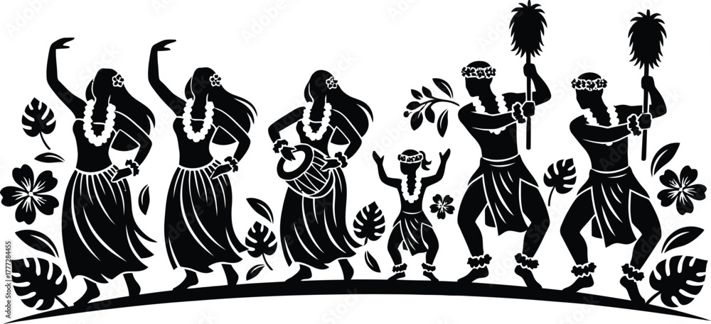 Fototapeta premium Silhouette vector of group performing Hawaiian hula dance