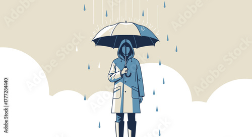 Vector Illustration of Person in Raincoat Holding Umbrella During a Rainy Day