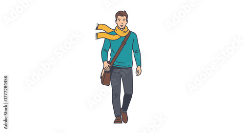 Illustration of a young man walking with a scarf and shoulder bag on a white background