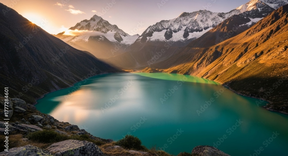 Fototapeta premium Scenic vista of a turquoise lake nestled amongst snow-capped mountains, bathed in golden sunlight