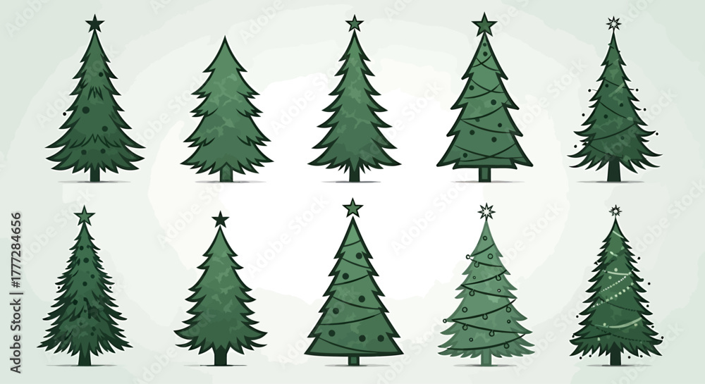 Obraz premium Collection of Ten Different Green Christmas Tree Vector Illustrations for Holiday Design