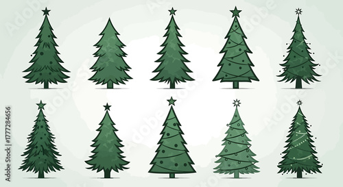 Collection of Ten Different Green Christmas Tree Vector Illustrations for Holiday Design