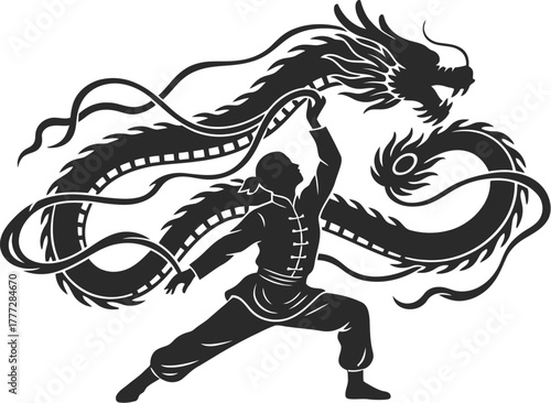 Silhouette vector of traditional Chinese dragon dance performer