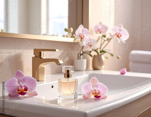 Elegant bathroom setup featuring a fragrance bottle and orchids