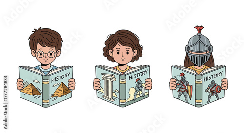 Children reading history books with historical figures