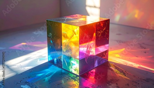 Prism cube sitting on reflective surface, casting rainbow light across floor