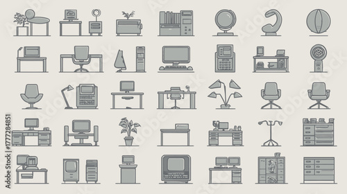 Flat Design Office Furniture & Equipment Vector Icon Set. Desks, Chairs, Computers, Lamps, & Workplace Accessories.