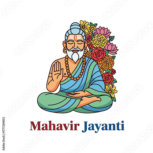 Flat illustration of Mahavir Jayanti with Flowers Accent Graphic