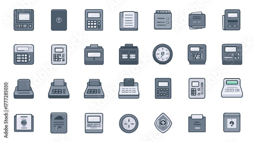 Grayscale flat design vector icons: office technology, business equipment, calculators, time clocks, and administrative tools collection.