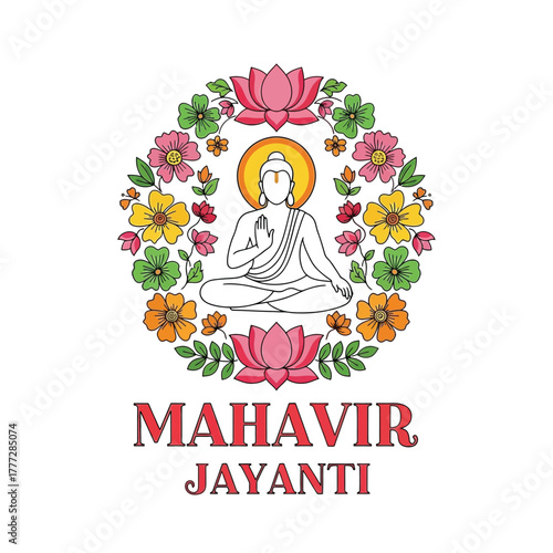 Flat illustration of Mahavir Jayanti with Flowers Accent Graphic