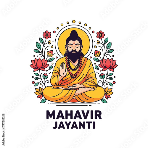 Flat illustration of Mahavir Jayanti with Flowers Accent Graphic