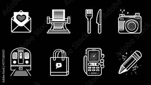Diverse collection of white line art icons on black background, including communication, office, food, travel, and shopping web elements.