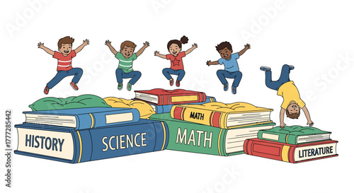 Joyful Diverse Kids Jumping Over Piles of School Textbooks for Education Concept