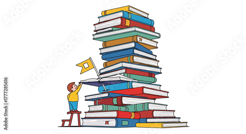 Reaching Academic Goals Child Placing Flag Atop Giant Stack of Books for Success Concept