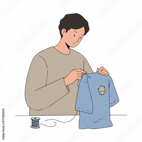Simple Illustration of A Man Sewing a Patch on Clothes Art