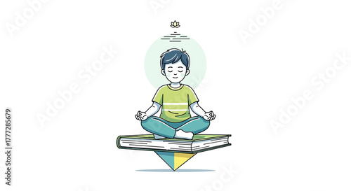 Young Boy Meditating Calmly on Stack of Books for Focus and Learning Concept