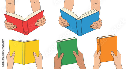 Hands Holding Open and Closed Colorful Books for Reading Education and Learning Concept