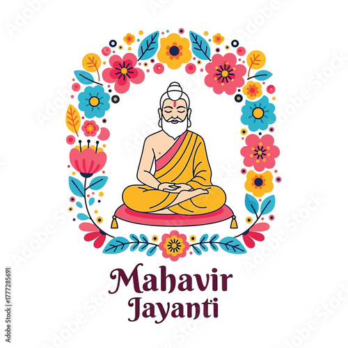 Flat illustration of Mahavir Jayanti with Flowers Accent Graphic
