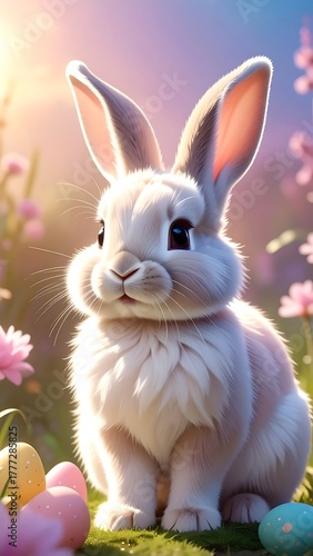Fluffy white bunny sits in a sunlit field of pink flowers