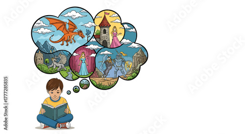 Imaginative Boy Reading Book Dreams of Fairy Tale Adventures with Dragons and Knights