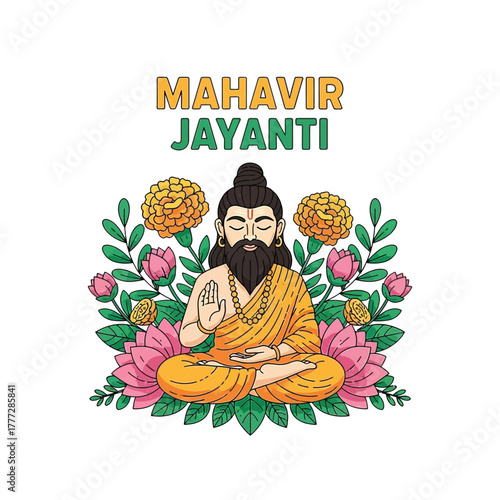 Flat illustration of Mahavir Jayanti with Flowers Accent Graphic
