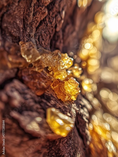 Close-up view of a Boswellia tree trunk with golden resin droplets glistening under warm sunlight in a desert environment. natural product, essential oil packaging, wellness campaigns, desert nature